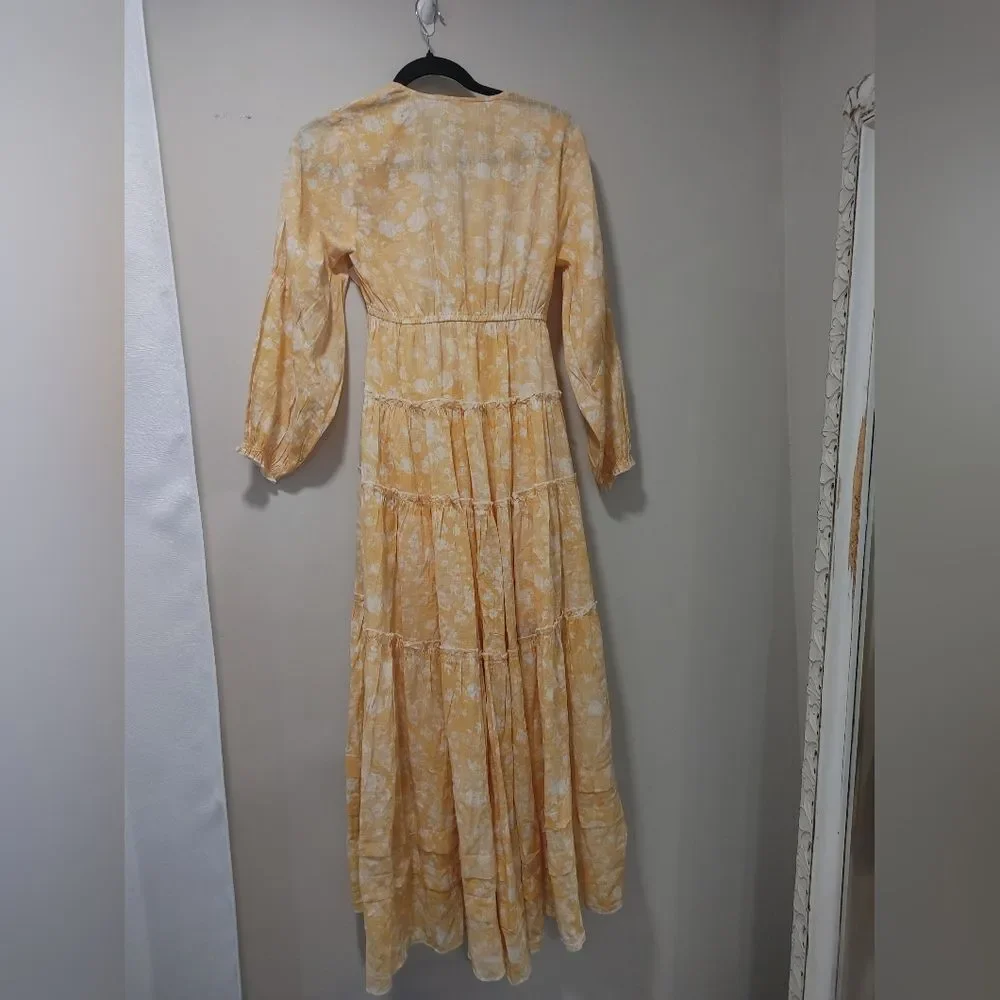 Free People Pappiet Floral Midi Dress Yellow Floral High Low Size XSmall
